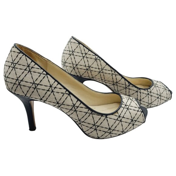 Coach And Four Beige & Black Geometric Peep-Toe Heels Size 8 Canvas 3" Stiletto - Picture 6 of 15